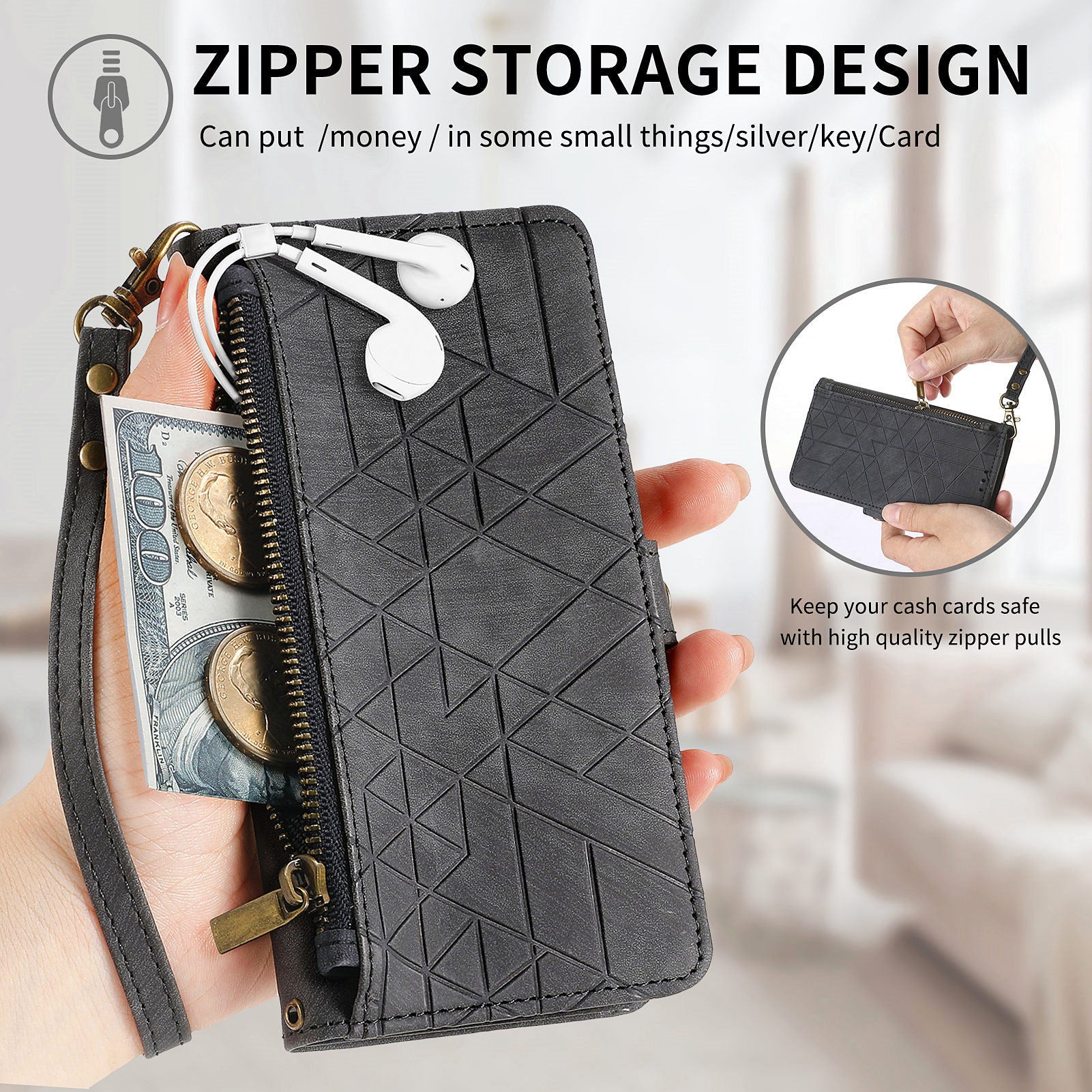 For Samsung Galaxy S23 FE PU Leather Phone Case Geometry Imprinted Wallet Zipper Pocket Stand Cover with Strap For Samsung Galaxy S23 FE PU Leather Phone Case Geometry Imprinted Wallet Zipper Pocket Stand Cover with Strap